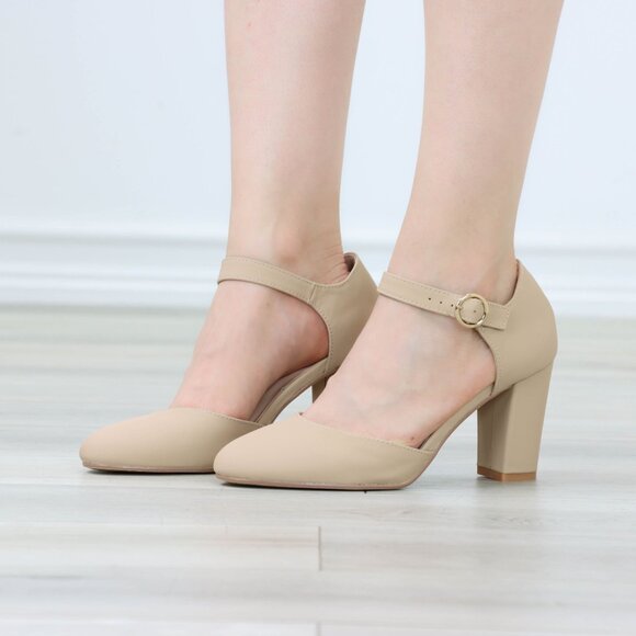 Beige High Heels Ankle Strap Almond Toe Block Classic Pumps Nubuck - Picture 11 of 12